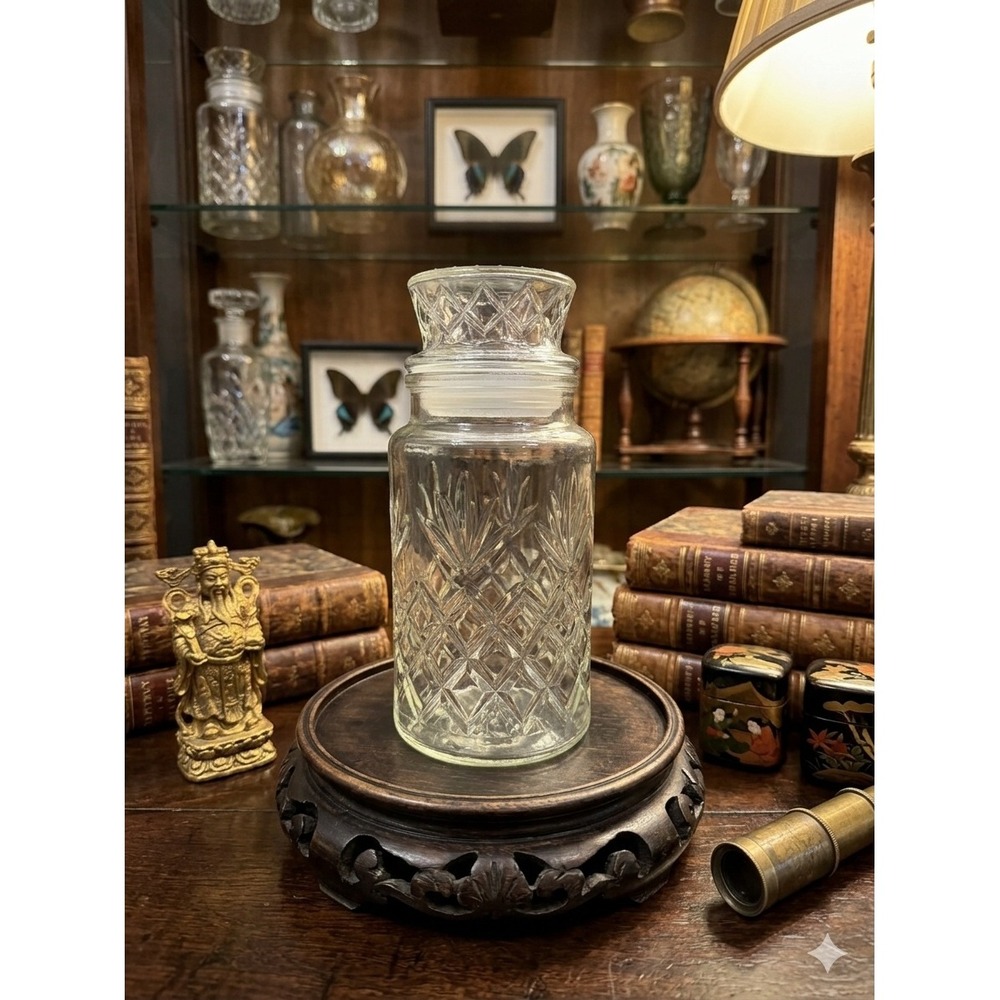 Vintage Planters Peanuts Glass Jar Mr Peanut Embossed Bottom Diamond Pattern Lid